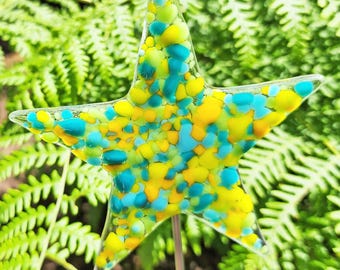 Glassworks Northwest - Small STAR Plant Stake - Green/Blue/Yellow - Fused Glass Garden Art
