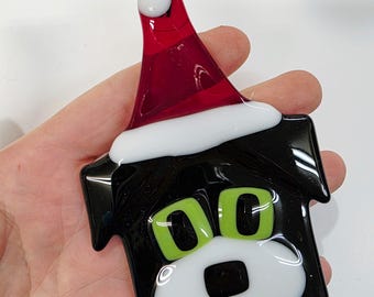 Fused Glass Ornament: Black Dog with Santa Hat