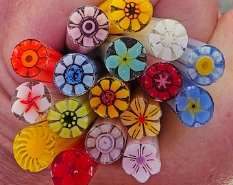 COE 90 Handmade Flower Murrini Mix "Rainbow of Colors" | 2.5 oz Cane | Bullseye Compatible Fusible Glass for Fusing, Jewelry, Mosaics