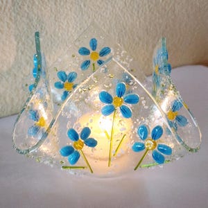 Glassworks Northwest - Votive Aqua Flowers - Fused Glass Candleholder, Tealight Holder, Romantic Gift, Candlelight