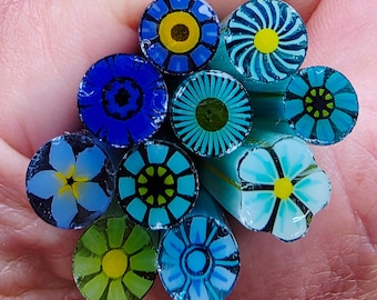COE 96 Handmade Floral Murrini Mix "Blues Greens" | 1.5 oz Cane | Oceanside Compatible Fusible Glass for Fusing, Jewelry, Mosaics