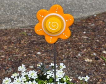 Handmade Fused Glass Flower Plant Stake: Orange Button Flower