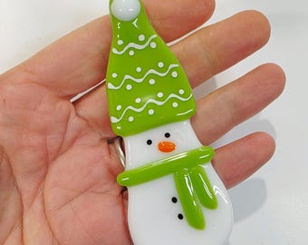 Fused Glass Ornament: Snowman with a Lime Green Knitted Hat