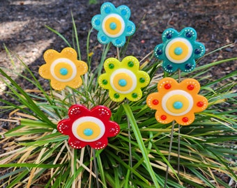 PICK YOUR COLOR Fused Glass Button Flower Plant Stake