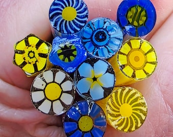 COE 96 Handmade Floral Murrini Mix "Blues Yellows" | 1.5 oz Cane | Oceanside Compatible Fusible Glass for Fusing, Jewelry, Mosaics