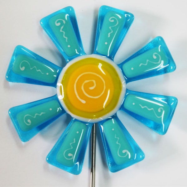 Glassworks Northwest - Aqua and Turquoise Flower Stake - Fused Glass Garden Art