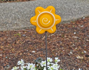 Handmade Fused Glass Flower Plant Stake: Yellow Button Flower