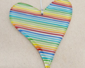 Glassworks Northwest - Rainbow-Striped Heart Ornament - Fused Glass Ornament, Keepsake, Collectable Glass Art