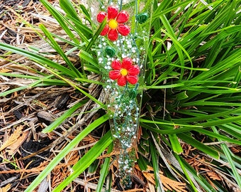 Glassworks Northwest - Red Flower Murrini Plant Stake Spike 9 inch - Wildflowers Fused Glass Plant Art, Planter Glass Decoration