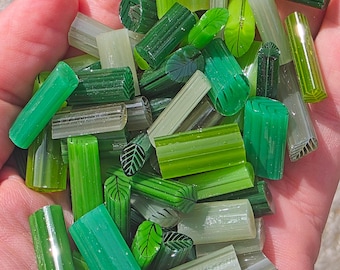 COE 96 Handmade Leaf Murrini Mix "Greens Galore" | 1 oz Cane | Oceanside Compatible Fusible Glass for Fusing, Jewelry, Mosaics