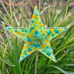 Glassworks Northwest - STAR Plant Stake - Yellow/Green/Turquoise - Fused Glass Garden Art