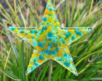 Glassworks Northwest - STAR Plant Stake - Yellow/Green/Turquoise - Fused Glass Garden Art