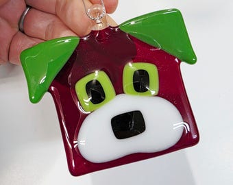Fused Glass Ornament: Red and Green Dog