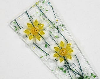 Glassworks Northwest - White Flower Plant Spike - Fused Glass Garden Art, Outdoor Decoration, Planter Glass Decoration