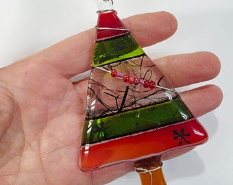 Fused Glass Ornament: Reddish Orange and Green Stiped Tree with Wire and Bead Wrap
