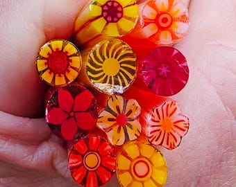 COE 90 Handmade Flower Murrini Mix "Reds Oranges Yellows" | 1.5 oz Cane | Bullseye Compatible Fusible Glass for Fusing, Jewelry, Mosaics