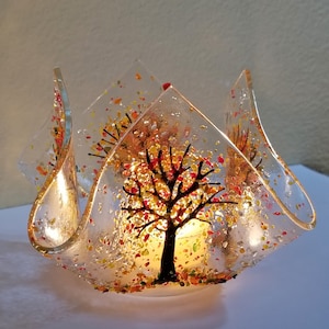 Glassworks Northwest - Votive Earth-tone Autumn Tree of Life - Fused Glass Candleholder, Tealight Holder, Romantic Gift, Candlelight
