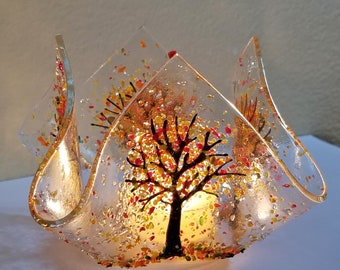 Glassworks Northwest - Votive Earth-tone Autumn Tree of Life - Fused Glass Candleholder, Tealight Holder, Romantic Gift, Candlelight