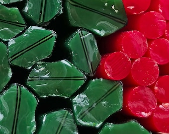 COE 96 Handmade Leaf Murrini Mix "Holly Berry" | 1.5 oz Cane | Oceanside Compatible Fusible Glass for Fusing, Jewelry, Mosaics
