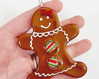 Glassworks Northwest - Gingerbread Girl with Red White and Green Buttons - Fused Glass Ornament, Gingerbread Christmas Ornament