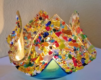 Glassworks Northwest - Votive All the Colors Aqua - Fused Glass Candleholder, Tealight Holder, Romantic Gift, Fun Candle, Rainbow