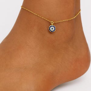 Dainty Gold Evil Eye Anklet | Sterling Silver Pendant with Blue & Clear Stones | Minimalist Protection Jewelry