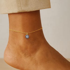 Gold Evil Eye Inspired Anklet | 925 Sterling Silver Pendant with Blue & Clear Stones | Dainty Chain Jewelry