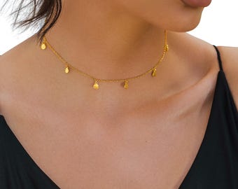 Gold Choker Necklace, 18K Gold coin Choker Necklace, disc chain necklace boho choker, Circle Choker, nickel free choker