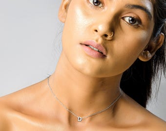 Minimalist Tiny Letter Necklace – Dainty Initial Pendant, Custom Alphabet Jewelry, Silver Choker Necklace, Personalized Gift for Her