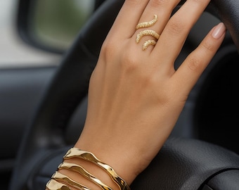 Gold Wavy Cuff Bracelet, Stainless Steel Adjustable Bangle