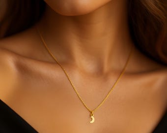 Petite 14k Gold Moon Pendant Necklace – Dainty Jewelry Gift for Her, Minimalist Gold Chain, Celestial Crescent Charm, Moon Phase Jewelry