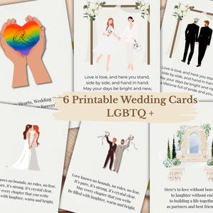 Op de afbeelding: Set van zes afdrukbare LGBTQ+ trouwkaarten. Elke kaart toont illustraties van koppels van hetzelfde geslacht en huwelijksscènes. De kaarten bevatten tekst over liefde en huwelijk, met een regenboog hart ontwerp op één kaart.