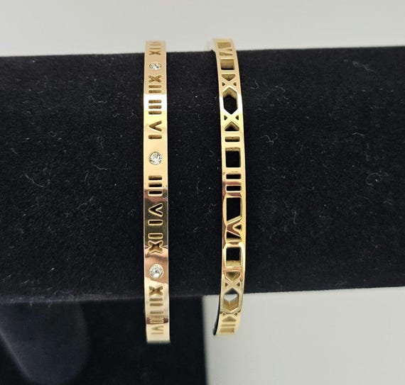 Waterproof 18k Gold Plated Stainless Steel Roman Numeral Bangle Bracelet - Waterproof & Sweatproof