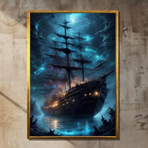 Barco fantasma en tormenta de medianoche - Impresión artística en lienzo enmarcada para decoración de pared náutica oscura