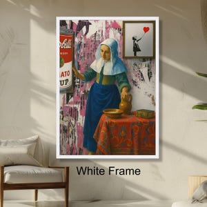 Klassisches Holländisches Mädchen mit Krug Zeitgenössische Pop Art Wanddekoration, Campbell Tomatensuppe Poster, Bunte Tischdecke Moderne Mixed Media Wandkunst