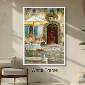 Charming French Café Patio Rustic Outdoor Dining Wall Art, European Village Scene, Vintage Courtyard Decor, Cozy Garden