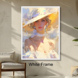 Retrato de mujer elegante, arte de moda contemporáneo, pintura de ojos azules, decoración de pared con sombrero grande, arte femenino moderno