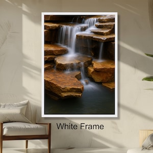 Tranquil Waterfall Wall Art, Smooth Flowing Water on Rustic Rocks, Nature Landscape Relaxing Home Decoration, Ready to Hang Wall Art