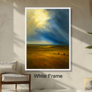 Dramatic Sky Landscape Golden Field Wall Art, Sunset Clouds Painting, Nature Scene Rustic Home Decor, Ready to Hang