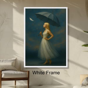 Elegant Woman with Umbrella, Surreal Feather Floating Dreamy Atmospheric Wall Art, Soft Light Portrait Modern Home Decoration