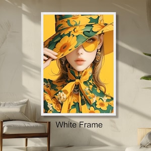 Retrato de moda con flores amarillas de mujer elegante con sombrero de girasol, arte de pared moderno, decoración elegante para el hogar, listo para colgar.