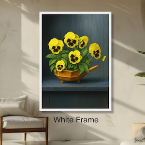 Yellow Pansies Floral Still Life Wall Art, Potted Flower Painting, Botanical Art, Home Decor Ready to Hang