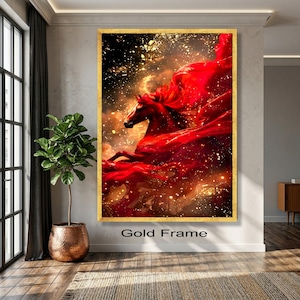 Majestic Red Horse Canvas Wall Art, Dynamic Horse Silhouette, Fiery Red Flowing Fabric, Gold Sparkle Abstract Canvas, Large Statement image 2