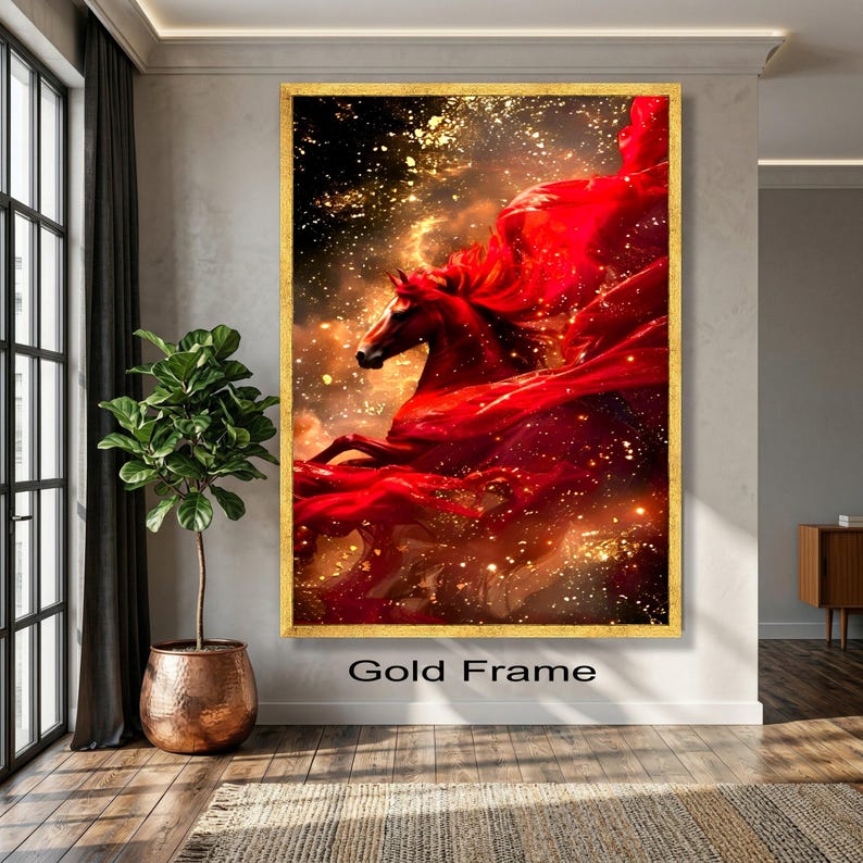 Majestic Red Horse Canvas Wall Art, Dynamic Horse Silhouette, Fiery Red Flowing Fabric, Gold Sparkle Abstract Canvas, Large Statement image 2