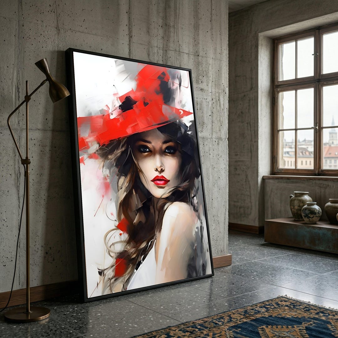 Elegant Woman Portrait Canvas, Red Hat Fashion Art, Modern Glamour Wall ...