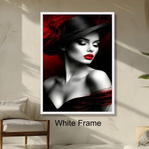Retrato de mujer elegante con sombrero negro, arte de moda, labios rojos, decoración de pared glamurosa, primer plano de rostro monocromático, decoración moderna para el hogar.