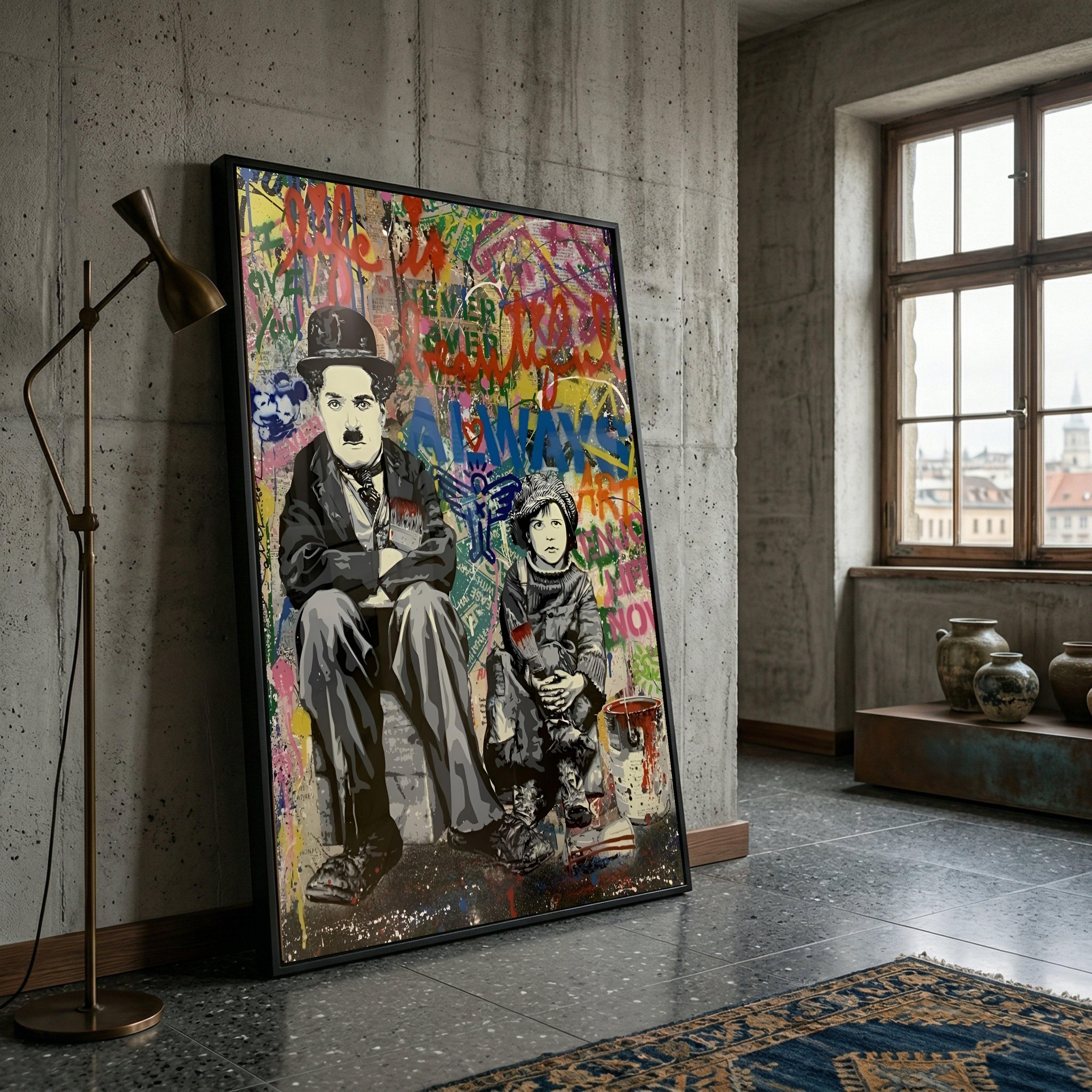 Iconic Charlie Chaplin and Child Painting, Urban Graffiti Canvas
