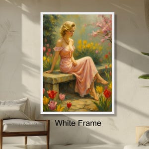 Elegant Woman in Pink Dress Vintage Garden Scene, Floral Spring Wall Art, Romantic Outdoor Portrait, Classic Art Decoration
