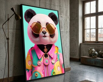 Cool Panda Portrait Canvas, Funky Animal Art, Colorful Fashion Wall Art, Cute Bear Canvas, Modern Home Decoration