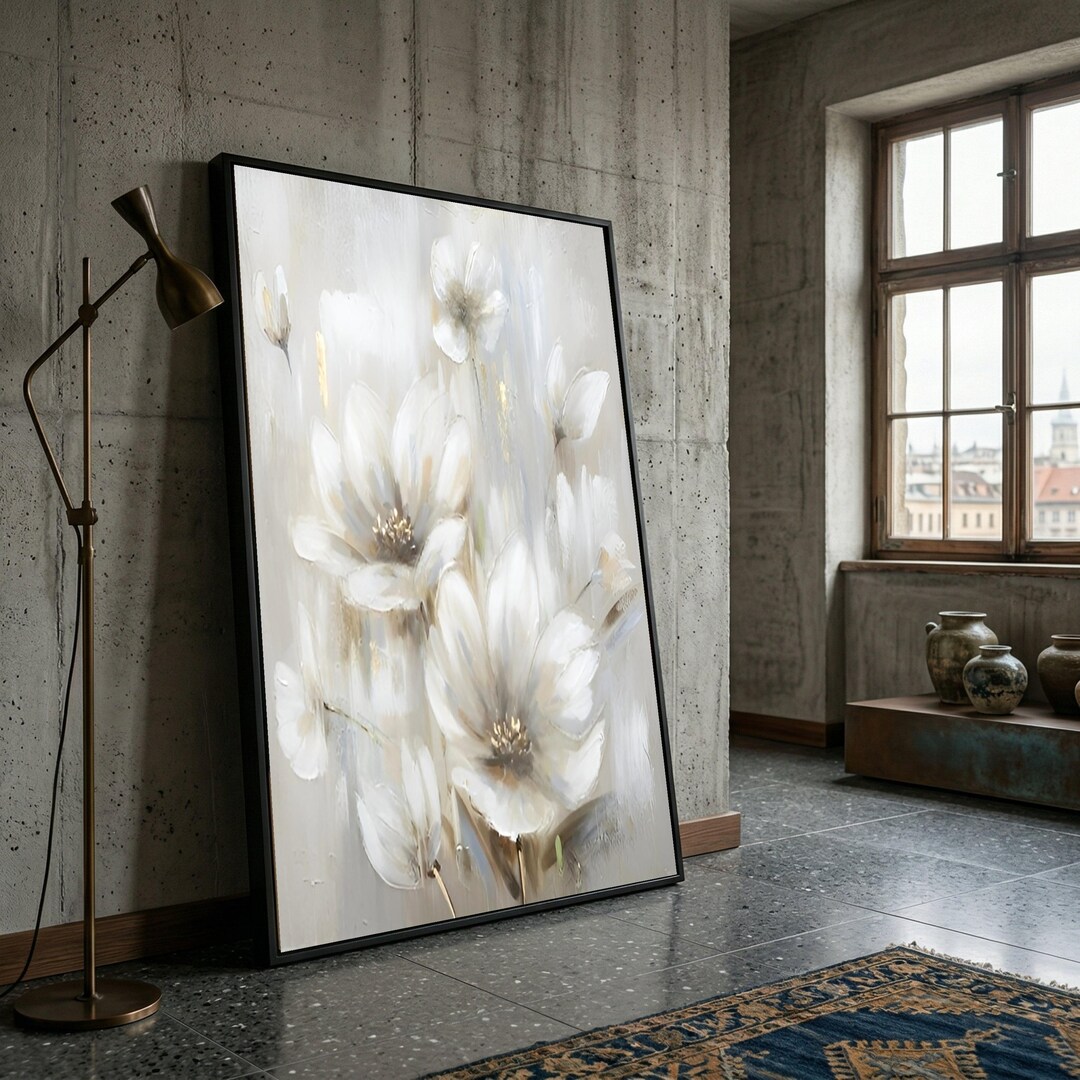 Elegant White Floral Canvas Wall Art, Large Contemporary Flower ...